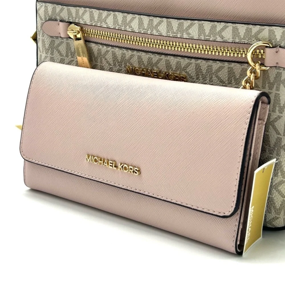 Michael Kors Jet Set LG Signature Logo Crossbody Bag & Matching Trifold Wallet - Picture 11 of 14